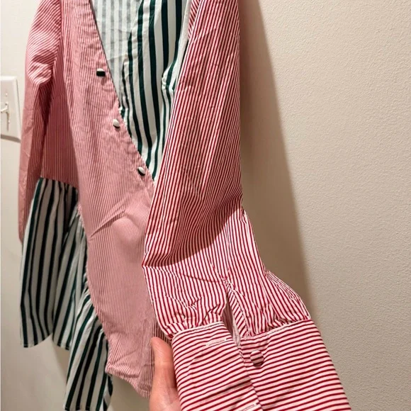 Striped Patchwork Button-Down Blouse in Pink and Green - Picture 5 of 8